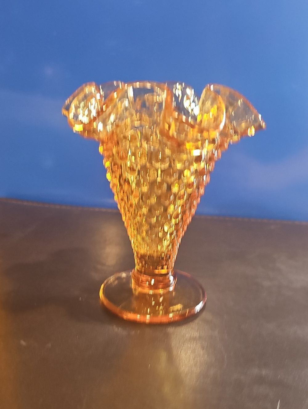 Fentin Hobnail Amber Glass Ruffled Vase Like New